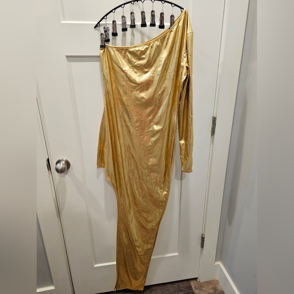 Gold Metallic One Shoulder Maxi Dress Women’s Size L Party Evening Gown Costume